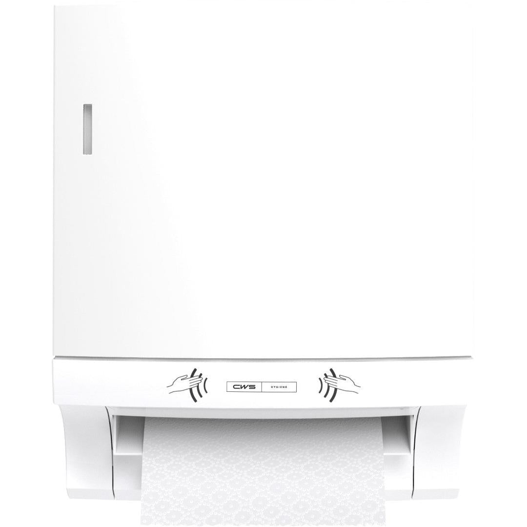O dispensador de toalhas de papel CWS ParadiseLine Paperroll NT, incluindo o painel branco, é montado na parede e dispensa toalhas de papel padronizadas sem toque, garantindo uma secagem das mãos higiénica - perfeito para uso profissional.