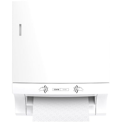 O dispensador de toalhas de papel CWS ParadiseLine Paperroll NT, incluindo o painel branco, é montado na parede e dispensa toalhas de papel padronizadas sem toque, garantindo uma secagem das mãos higiénica - perfeito para uso profissional.