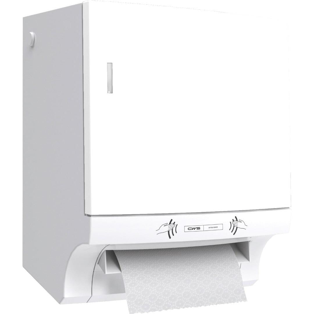 O dispensador de toalhas de papel CWS ParadiseLine Paperroll NT incl. painel em branco é um dispensador montado na parede para secagem das mãos higiénica - perfeito para uso profissional. Parte do papel padronizado é visível.