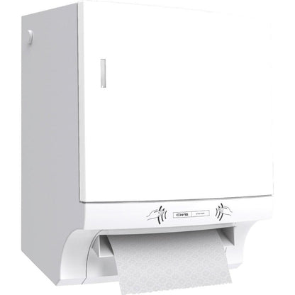 O dispensador de toalhas de papel CWS ParadiseLine Paperroll NT incl. painel em branco é um dispensador montado na parede para secagem das mãos higiénica - perfeito para uso profissional. Parte do papel padronizado é visível.