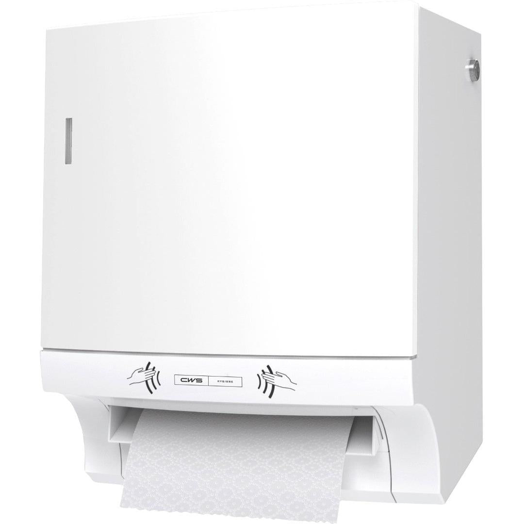 Der CWS ParadiseLine Papierhandtuchrollenspender Paperroll NT incl. Panel Weiß ist ein weißer, wandmontierter Spender mit strukturierter Papierausgabe und Icons für hygienisches Händetrocknen - ideal für den professionellen Gebrauch.