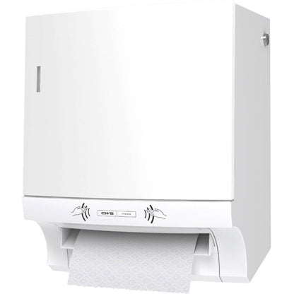 O dispensador de toalhas de papel CWS ParadiseLine Paperroll NT incl. painel branco é um dispensador branco montado na parede com distribuição de papel estruturado e ícones para secagem das mãos higiénica - ideal para uso profissional.