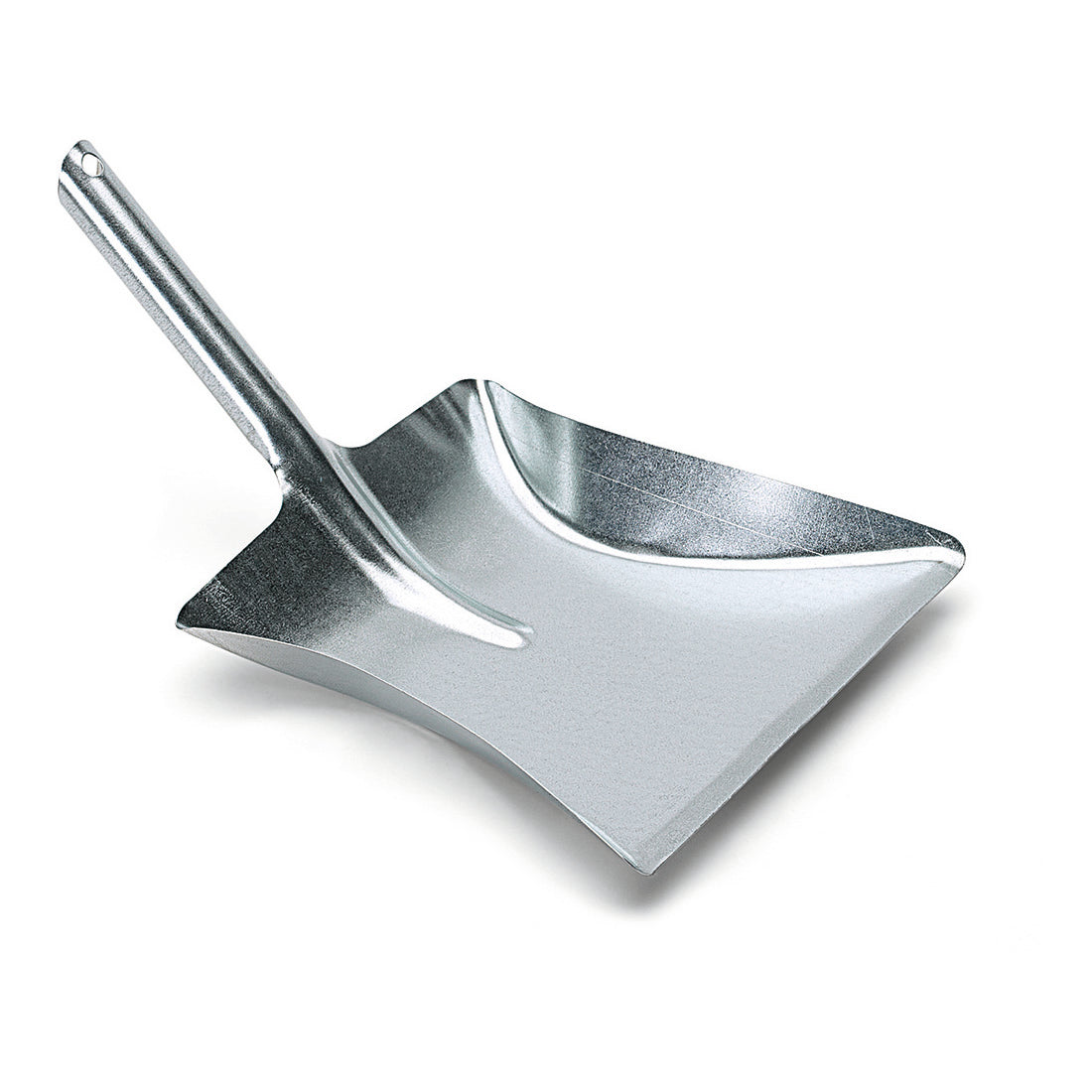 Der Nölle Profi Brush Kehrschaufel Metall verzinkt (39x24 cm, Düllgriff) von Nölle Profi Brush Bürsten- & Pinseltechnik e.K. hat einen kurzen, abgewinkelten Stiel, erhabene Kanten und ein Aufhängeloch - abgebildet auf einem schlichten weißen Hintergrund.