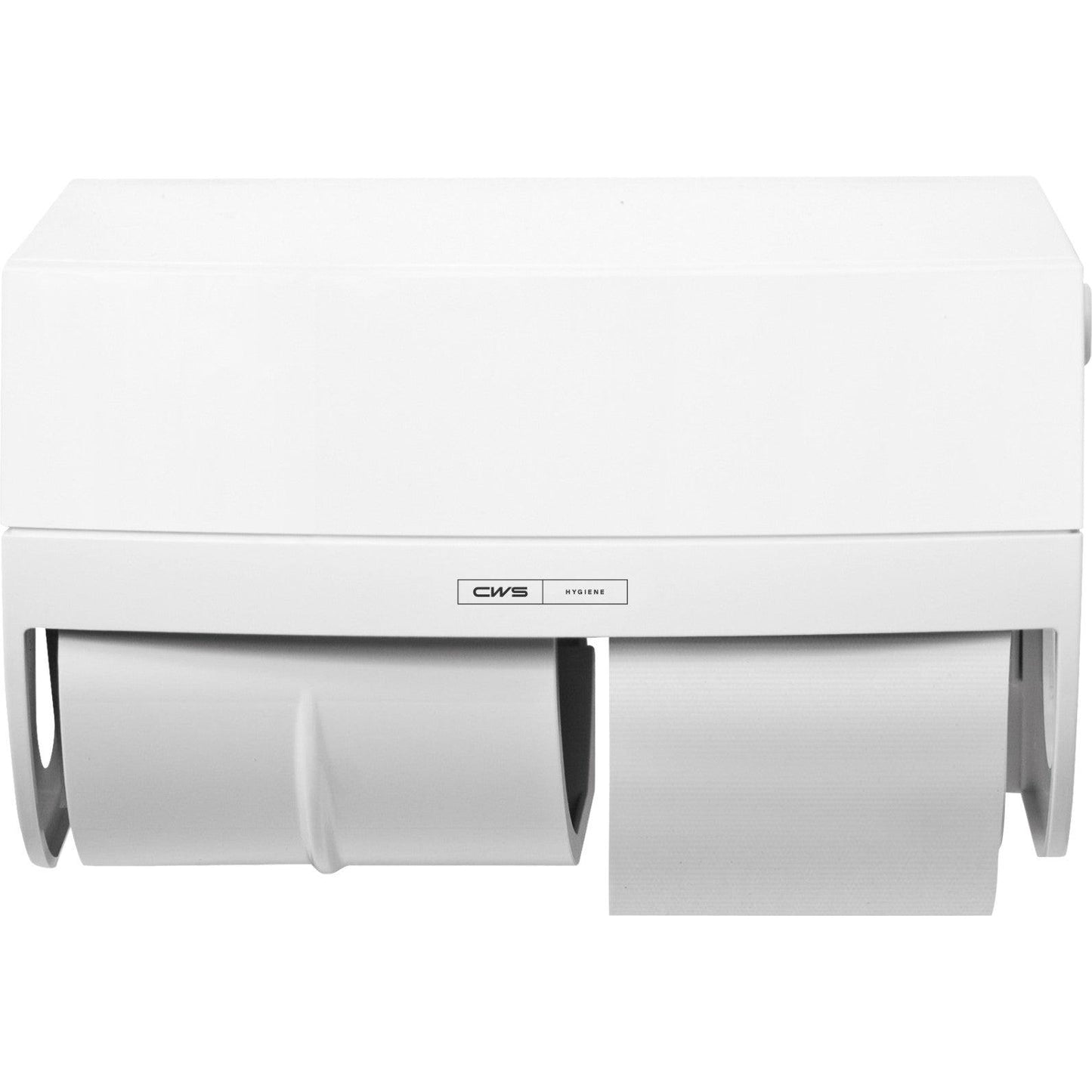 O dispensador de papel higiénico CWS ParadiseLine com painel branco acomoda dois rolos (um cheio, um parcialmente), é montado na parede e possui o logotipo CWS - ideal para qualquer área de WC.