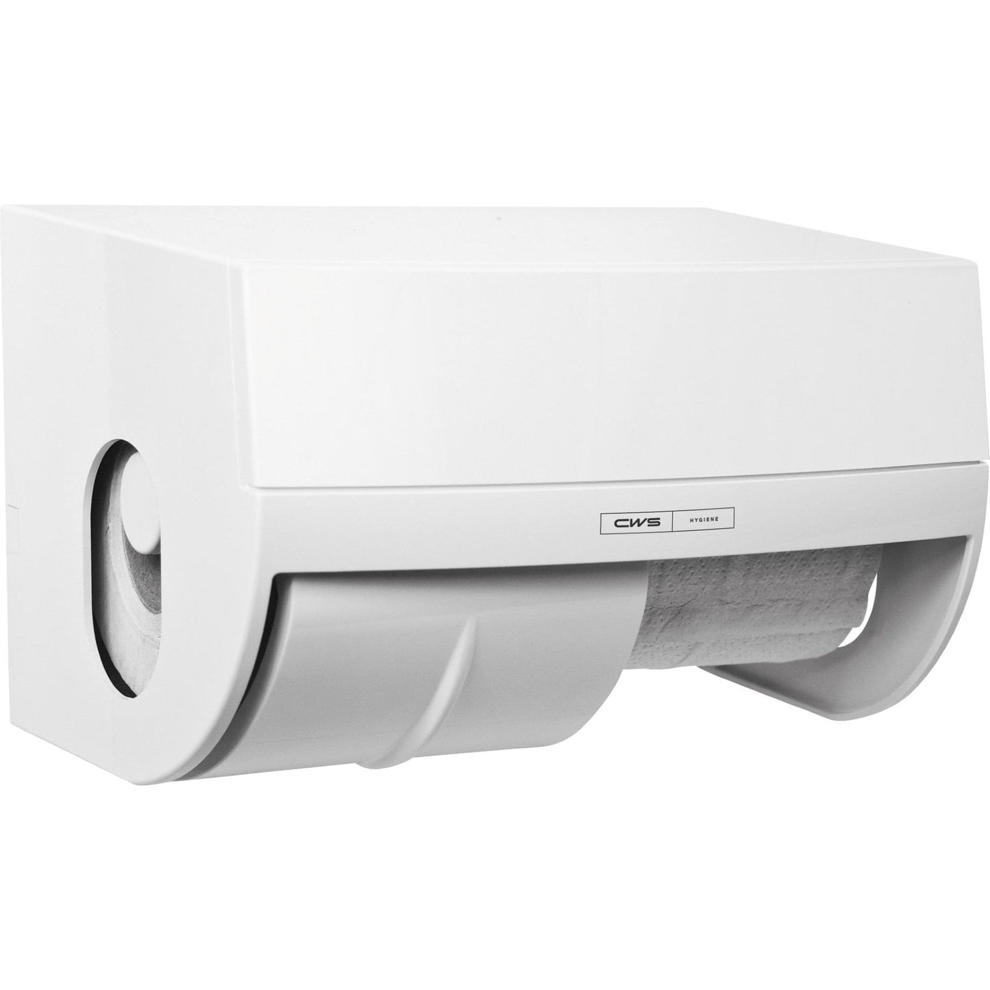 O dispensador de papel higiénico CWS ParadiseLine com painel branco é um dispensador de parede com marca visível, ideal para qualquer área de WC.