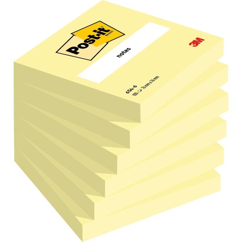 Um conjunto de notas Post-it® (76 mm x 76 mm, 100 folhas/bloco, 100% PEFC) da 3M Deutschland GmbH, onde a nota superior exibe o logotipo e "notes". Vários blocos estão empilhados juntos.