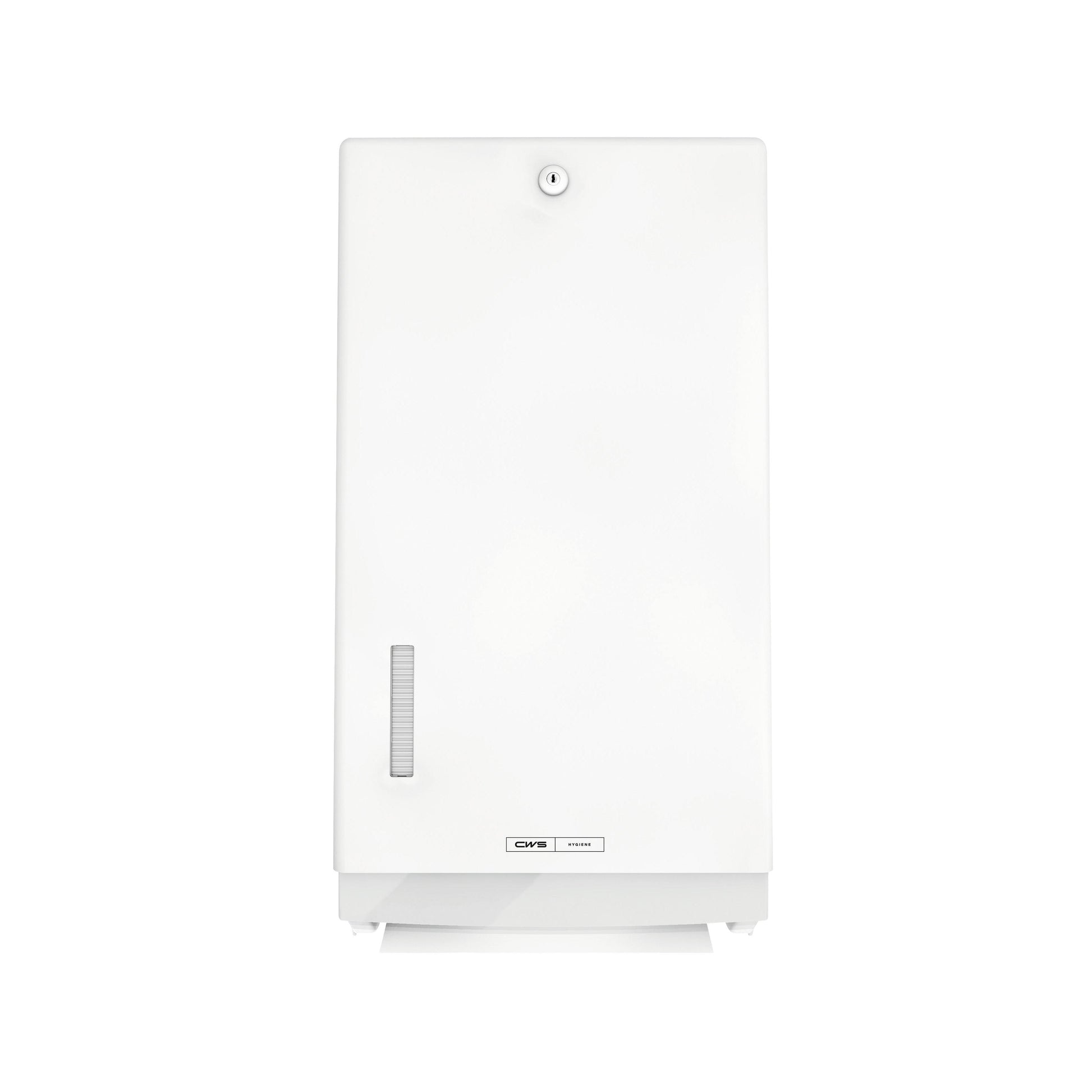 Der CWS ParadiseLine Faltpapierhandtuchspender Paper Universal, weiß, mit Schloss und Sichtfenster links ermöglicht hygienisches Händetrocknen mit universellen Papierhandtüchern.