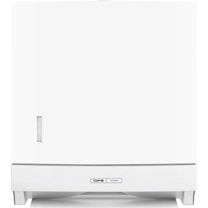 O dispensador de toalhas de papel dobráveis CWS ParadiseLine Paper Slim com painel branco (com fechadura) da CWS é um dispensador de parede branco com uma pequena janela lateral transparente e etiqueta "CWS" na frente, que permite a secagem higiénica das mãos.