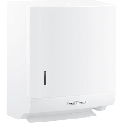 O dispensador de toalhas de papel dobráveis CWS ParadiseLine Paper Slim em branco com fechadura da CWS possui uma janela de visualização para o nível de papel e o rótulo "CWS Hygiene" na parte inferior - ideal para secagem higiénica das mãos.