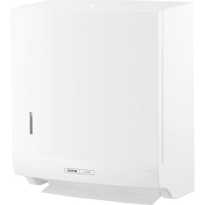 O dispensador de toalhas de papel dobráveis CWS ParadiseLine Paper Slim com painel branco e fechadura possui uma janela lateral e uma folha de papel visível para secagem higiénica das mãos.