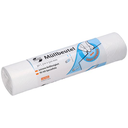 Eine Rolle DEISS 46919 weißer Müllbeutel von EMIL DEISS KG (GmbH + Co.), beschriftet mit "Müllbeutel", 30L, 510 x 570 mm, hygienisch wie Einweg-Handtücher, mit einfacher Öffnungsanleitung auf der Verpackung. Enthält 100 Beutel pro Rolle.