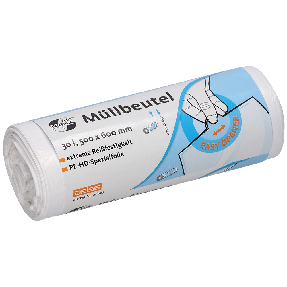 Um rolo de sacos de lixo DEISS branco 500x600 mm de HDPE, 30 litros, da EMIL DEISS KG (GmbH + Co.) com texto em alemão indicando o tamanho e as especificações, com uma ilustração de uma mão destacando o "EASY OPENER" e referências a sacos de lixo resistentes ao rasgo.