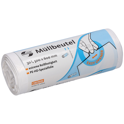 Um rolo de sacos de lixo DEISS branco 500x600 mm de HDPE, 30 litros, da EMIL DEISS KG (GmbH + Co.) com texto em alemão indicando o tamanho e as especificações, com uma ilustração de uma mão destacando o "EASY OPENER" e referências a sacos de lixo resistentes ao rasgo.