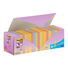 Eine Schachtel Post-it® Super Sticky Z-Notes von 3M Deutschland GmbH in verschiedenen Farben (76x76 mm), enthält 20 Blöcke + 4 gratis (90 Blatt/Block), PEFC-zertifiziert in Kartonverpackung. Die offene Oberseite zeigt die bunten Zettel im Inneren.
