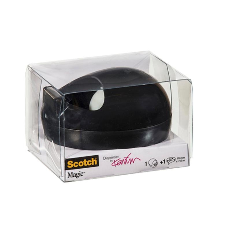 O dispensador de mesa Scotch™ Karim Rashid da 3M Deutschland GmbH em preto está em uma embalagem de plástico transparente com etiquetas de produto visíveis e branding na frente e lateral.