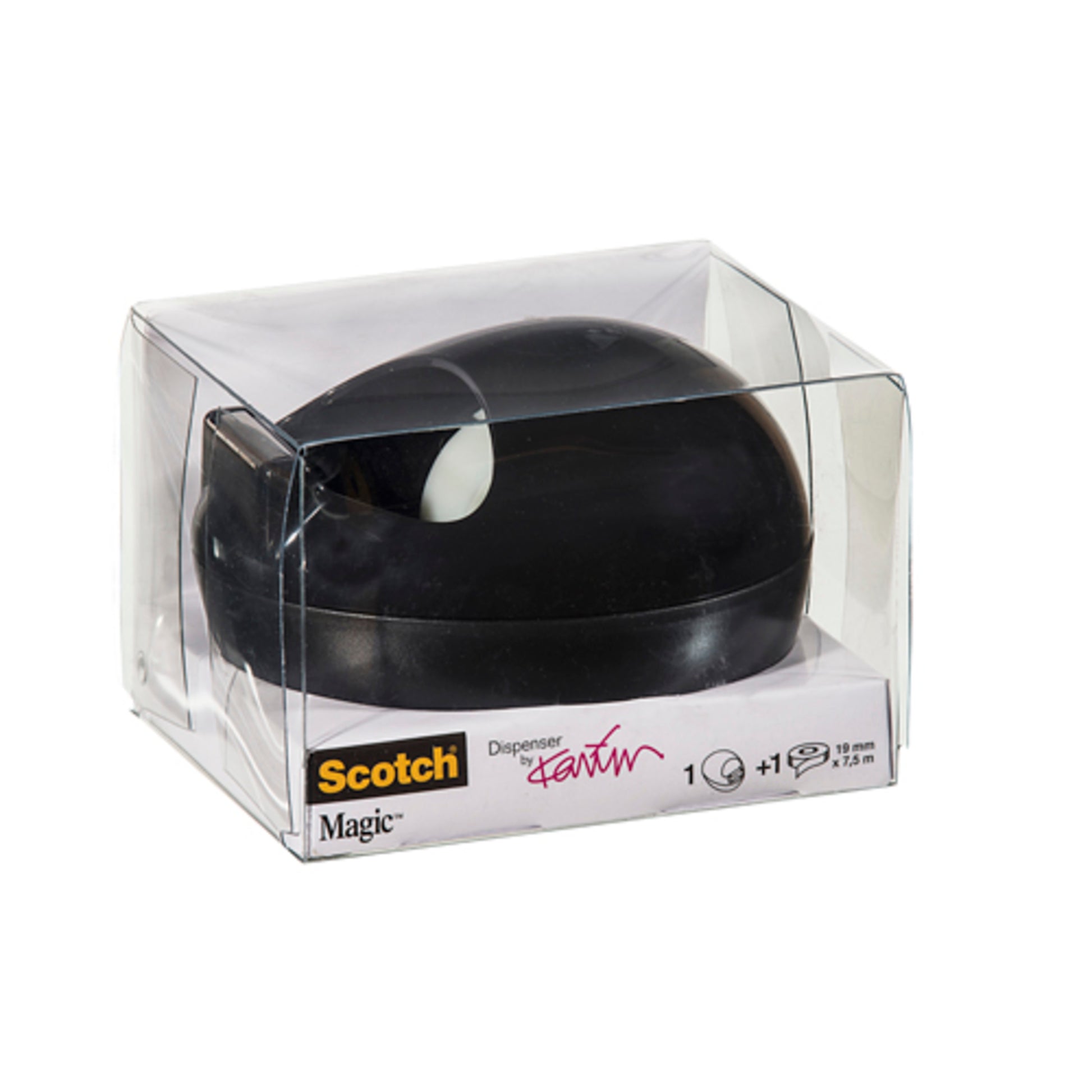 Der Scotch™ Karim Rashid Tischabroller von 3M Deutschland GmbH in Schwarz befindet sich in einer durchsichtigen Kunststoffverpackung mit sichtbaren Produktetiketten und Branding auf der Vorder- und Seite.