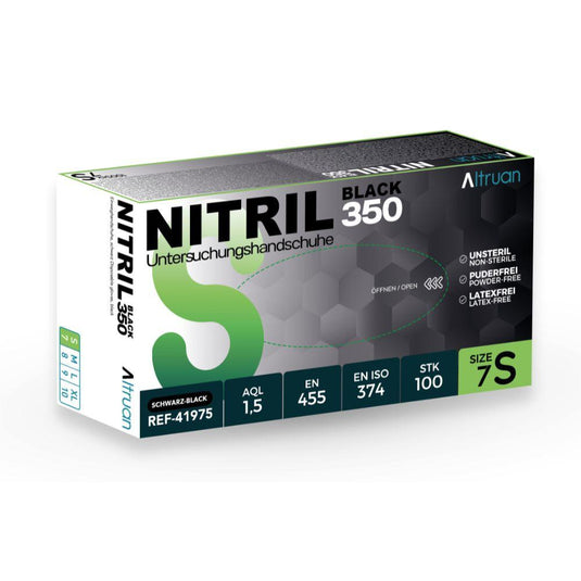 Uma caixa de luvas descartáveis Altruan Nitril 350 Black (pretas) da BINGOLD GmbH + Co. KG: tamanho 7S, sem látex, não esterilizadas, sem pó — 100 unidades por caixa com design preto/verde.