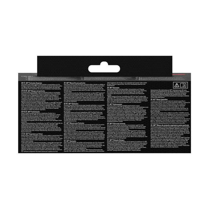 A imagem mostra a parte traseira de uma Máscara de Partículas 3M™ Aura™ Comfort Cool Flow™ 9322+ (FFP2, com válvula) da 3M Deutschland GmbH com vários blocos de texto branco em várias línguas sobre fundo preto, uma aba de suspensão no centro superior e símbolos no canto superior direito.