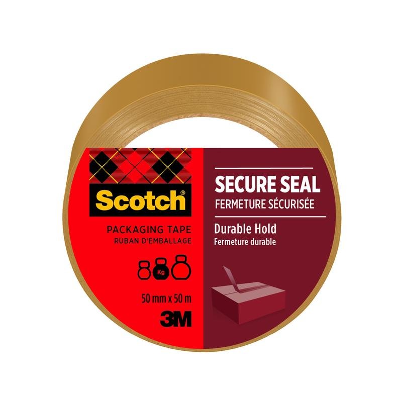 Um rolo de fita adesiva de embalagem Scotch® de 50 mm x 50 m da 3M Deutschland GmbH, marrom, com um rótulo vermelho e preto com marca, nome do produto, dimensões e um símbolo de caixa, garante um fecho seguro e uma fixação duradoura.
