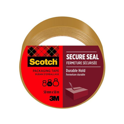 Um rolo de fita adesiva de embalagem Scotch® de 50 mm x 50 m da 3M Deutschland GmbH, marrom, com um rótulo vermelho e preto com marca, nome do produto, dimensões e um símbolo de caixa, garante um fecho seguro e uma fixação duradoura.
