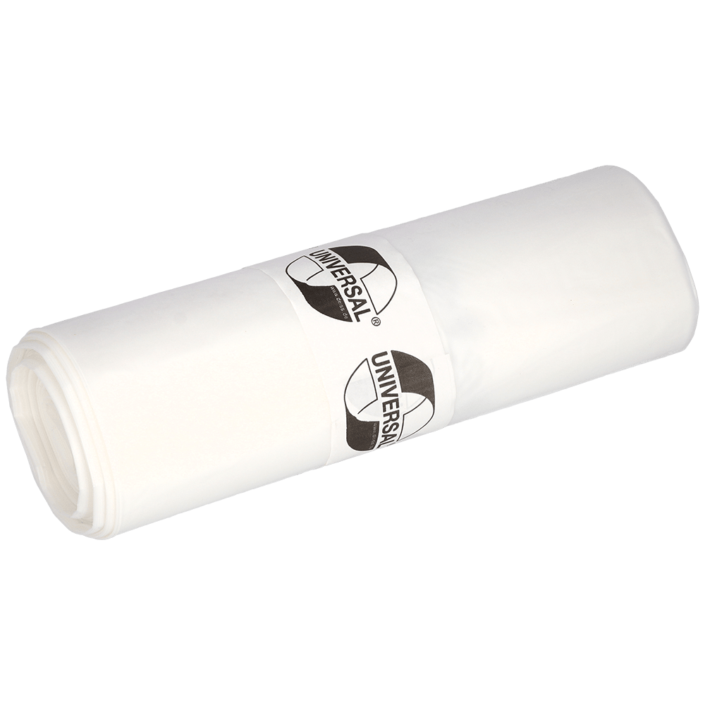 Um rolo de sacos de lixo EMIL DEISS KG (GmbH + Co.) DEISS 575x1000x0,018 mm de HDPE 50 l, embalado com uma faixa de papel rotulada. Estes sacos de lixo brancos e resistentes são ideais para o uso diário. Representado em um fundo claro e uniforme.