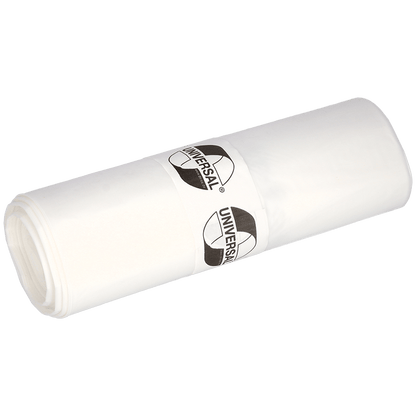 Um rolo de sacos de lixo EMIL DEISS KG (GmbH + Co.) DEISS 575x1000x0,018 mm de HDPE 50 l, embalado com uma faixa de papel rotulada. Estes sacos de lixo brancos e resistentes são ideais para o uso diário. Representado em um fundo claro e uniforme.