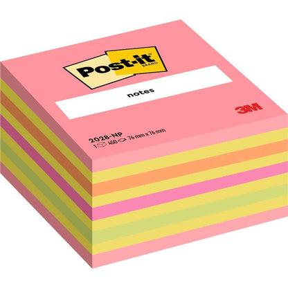 Um bloco com 450 folhas de notas Post-it® (76 x 76 mm) da 3M Deutschland GmbH, com notas em rosa, amarelo e verde. Código do produto: 2028-NP. Feito de papel 100% certificado PEFC.