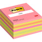 Ein Würfel mit 450 Blatt Post-it® Notes (76 x 76 mm) von 3M Deutschland GmbH, mit pinkfarbenen, gelben und grünen Notizen. Produkt-Code: 2028-NP. Hergestellt aus 100% PEFC-zertifiziertem Papier.