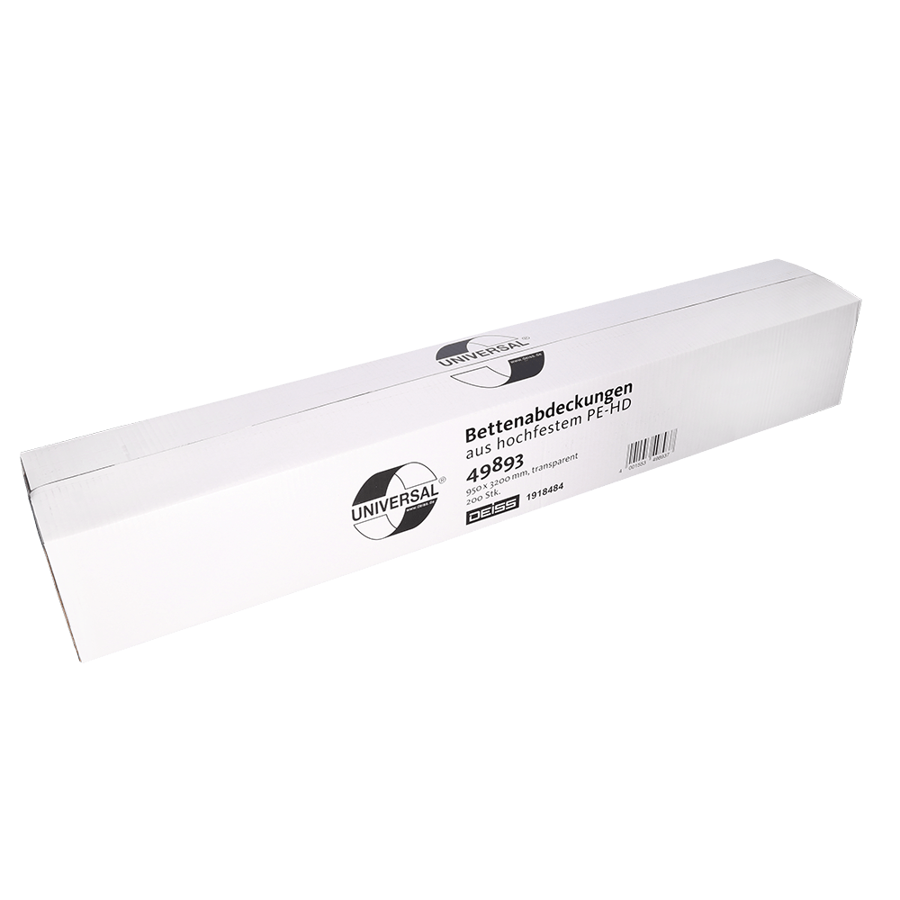 Uma caixa retangular branca com a inscrição "UNIVERSAL" contém coberturas de cama transparentes EMIL DEISS KG (GmbH + Co.) 3200x950 mm, nome do produto DEISS 49893, embalagem com 200 unidades, com texto em alemão na frente.