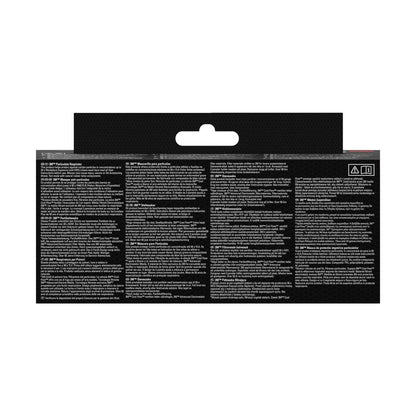 A imagem mostra a parte traseira de uma embalagem da Máscara de Partículas 3M™ Aura™ Comfort Cool Flow™ 9322+, FFP2, com válvula da 3M Deutschland GmbH com instruções multilíngues e avisos em letra branca pequena sobre fundo preto, bem como uma aba de suspensão na parte superior.