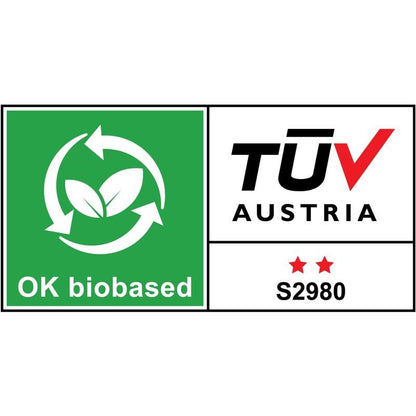 Um rótulo verde "OK biobased" com símbolo de reciclagem e duas folhas certifica a fita adesiva ecológica Scotch® Magic™ (66% adesivo vegetal, 19 mm x 30 m, 1 rolo), 3M Deutschland GmbH. À direita: "TÜV AUSTRIA", "S2980", duas estrelas vermelhas.