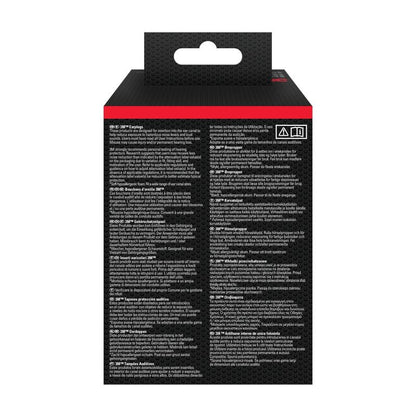 A imagem mostra a parte de trás de um tampão auditivo 3M™ 1100 (espuma macia, SNR 35 dB, laranja) da 3M Deutschland GmbH com fundo preto, texto branco multilíngue, gancho no topo e pequenos símbolos de aviso no canto superior direito.