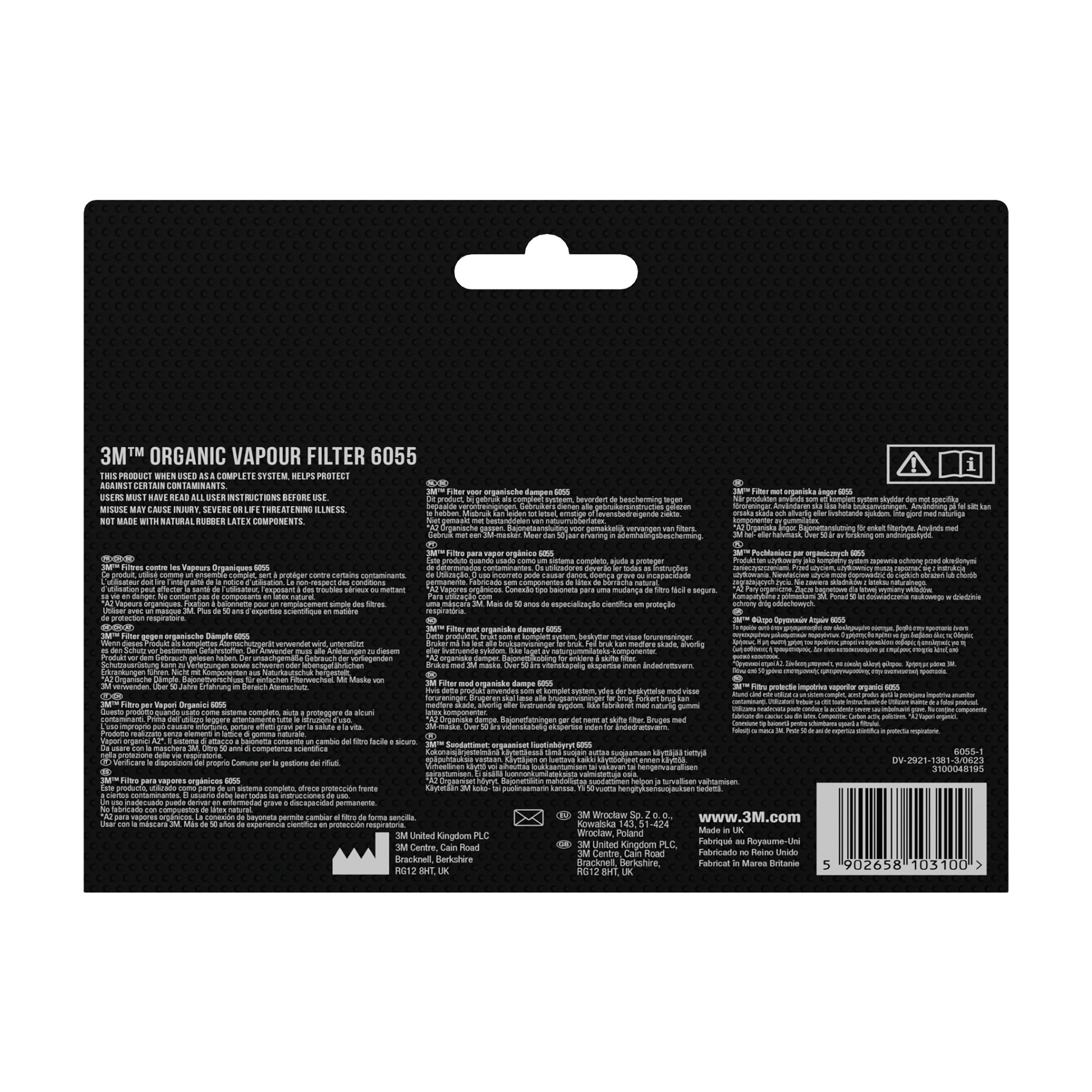 Die Rückseite eines 3M™ Filtersatzes 6004-1SP, ABEK1P3 Kombinationsfilter (2x6059, 2x5935, 2x501) von 3M Deutschland GmbH zeigt Produktdetails, Sicherheitshinweise und Vorschriften in mehreren Sprachen auf schwarzem Grund, mit einem hängenden Ausschnitt am oberen Rand.