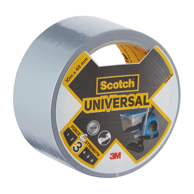 Um rolo de fita adesiva Scotch® Universal 2904 de 10 m x 48 mm da 3M Deutschland GmbH, rotulado com marca, nome do produto e dados técnicos, além de imagens que mostram seu uso.