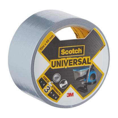 Um rolo de fita adesiva Scotch® Universal 2904 de 10 m x 48 mm da 3M Deutschland GmbH, rotulado com marca, nome do produto e dados técnicos, além de imagens que mostram seu uso.