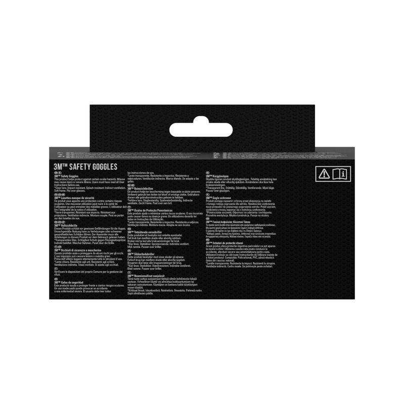 A parte de trás de uma embalagem dos óculos de proteção 3M™ Classic 4800 da 3M Deutschland GmbH mostra detalhes do produto, instruções, precauções e avisos em várias línguas sobre fundo preto. Dois símbolos de segurança destacam o design da lente transparente ventilada indiretamente.