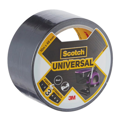 Um rolo de fita adesiva Scotch® Universal 2904 da 3M Deutschland GmbH, 10 m x 48 mm, com um rótulo que apresenta a marca, o nome do produto e informações sobre resistência e usos versáteis.