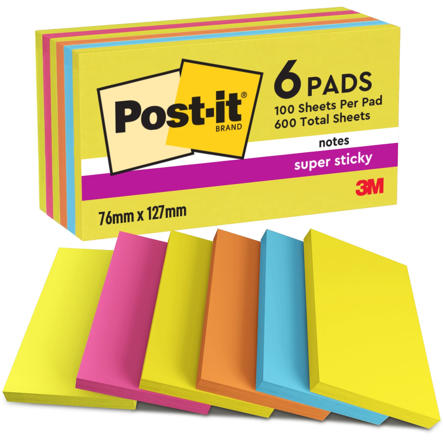 Seis blocos de 3M Post-it® Notes da Coleção Energetic, 76 x 127 mm, 100 folhas por bloco, classificados por cor, certificados pelo PEFC (SGSCH-PEFC-COC-110078), 6 blocos por embalagem.