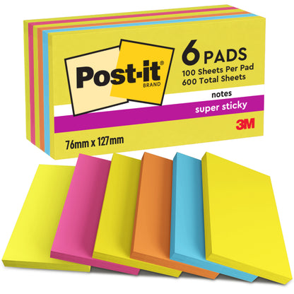 Seis blocos de 3M Post-it® Notes da Coleção Energetic, 76 x 127 mm, 100 folhas por bloco, classificados por cor, certificados pelo PEFC (SGSCH-PEFC-COC-110078), 6 blocos por embalagem.