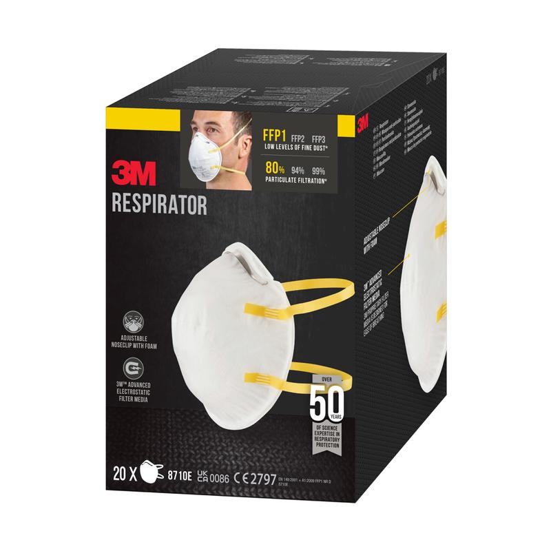 Uma caixa da máscara de partículas 3M™ 8710E, FFP1, sem válvula da 3M Deutschland GmbH contém 20 máscaras com 80% de filtração. A embalagem mostra a máscara e uma pessoa usando-a.