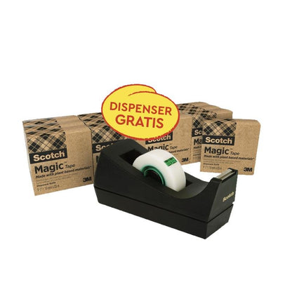 14 rolos de fita adesiva Scotch® Magic™ (19 mm x 33 m, 66% adesivo vegetal) da 3M Deutschland GmbH no pacote com DISPENSADOR Scotch® preto GRÁTIS C38; um adesivo destaca: "Dispenser Grátis".