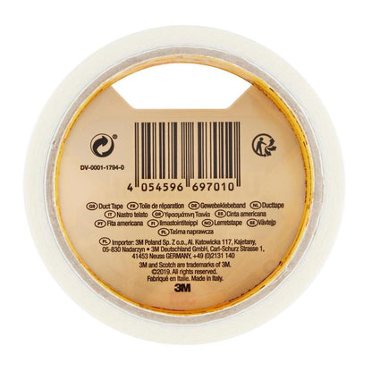 Um rolo de fita adesiva Scotch® Universal 2904 (10 m x 48 mm) da 3M Deutschland GmbH em vista superior, com código de barras, informações do produto e "Duct Tape" em várias línguas no núcleo interno de papelão.