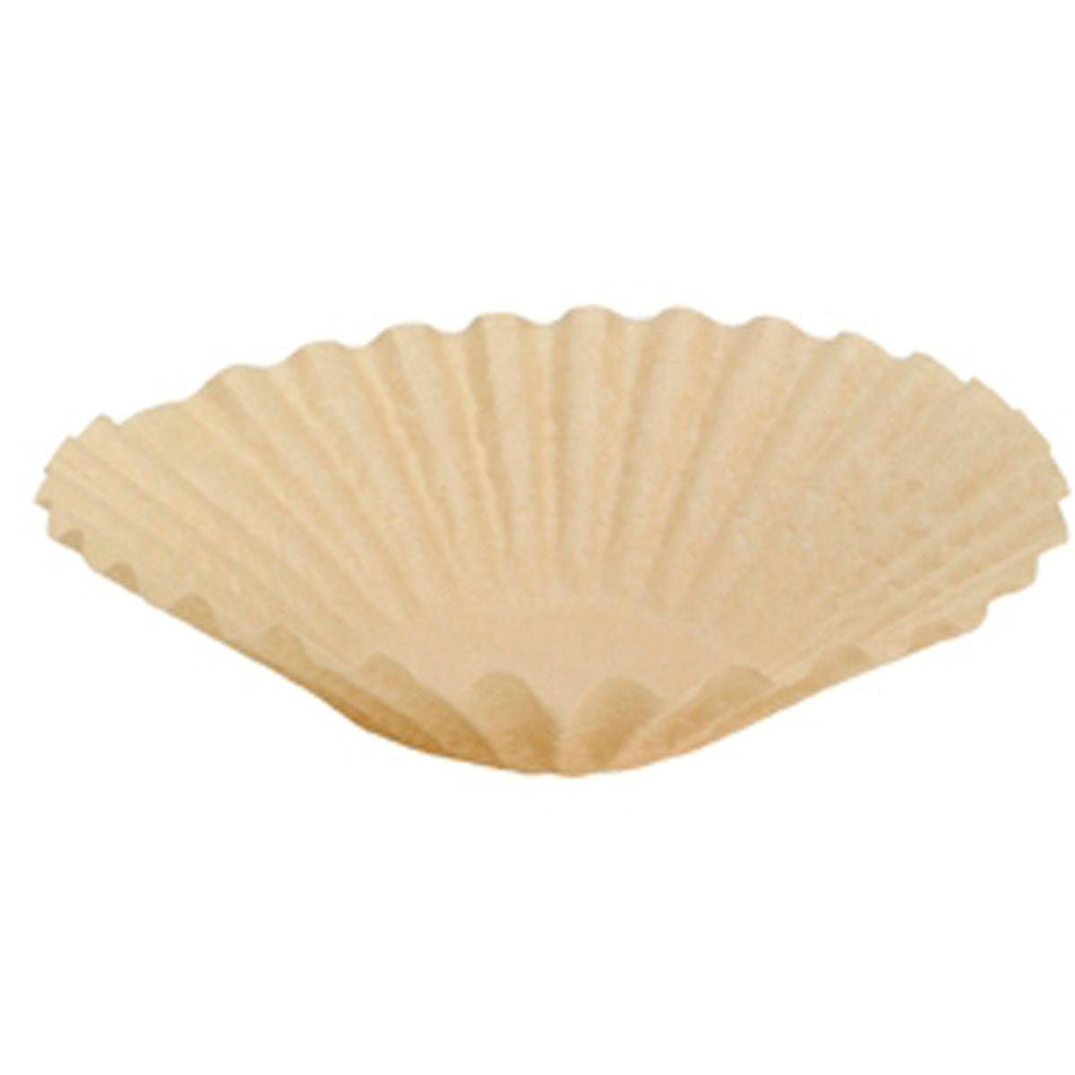 Um único filtro de café Duni GmbH Brewmatic, 1,8 l de papel pardo (Ø90), embalagem com 250 unidades, é visto aberto sobre um fundo branco, mostrando a qualidade de papel de filtro de alta qualidade para um café perfeito.