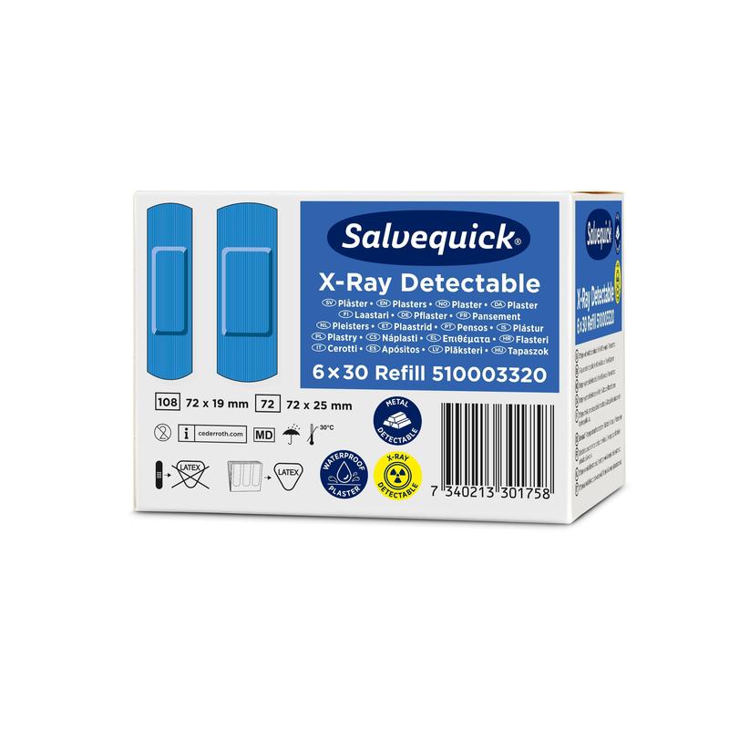 Uma embalagem de pensos Orkla Wound Care AB Salvequick detectáveis por raio-X (30 unidades/recarga), seis embalagens por caixa, ilustrada com ligaduras azuis e informações do produto numa embalagem azul e branca.