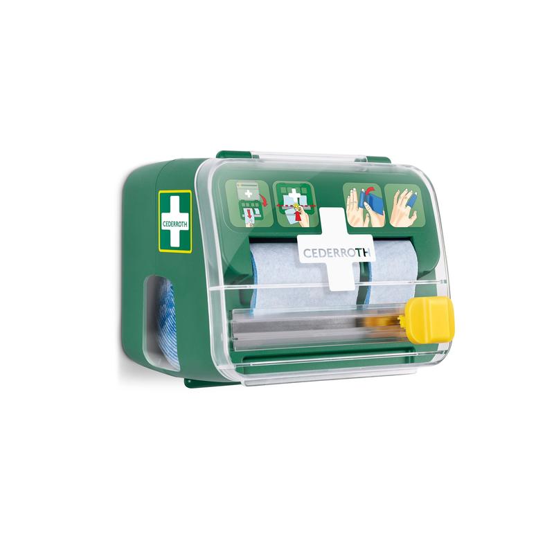 O dispensador de ligadura de espuma macia 2-em-1 da Cederroth, da Orkla Wound Care AB, é um conjunto de parede verde e branco com tampa transparente, que contém material de curativo (6 peças) e apresenta um manual ilustrado na frente.