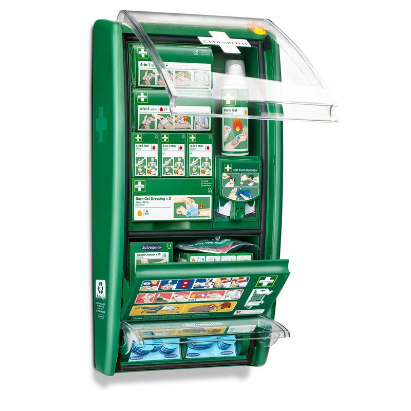 A estação de primeiros socorros e queimaduras Cederroth da Orkla Wound Care AB (1 embalagem) é um conjunto verde montado na parede com compartimentos rotulados para bandagens, gel para queimaduras, curativos e materiais de consumo; coberturas transparentes tornam o conteúdo e as instruções de uso visíveis.