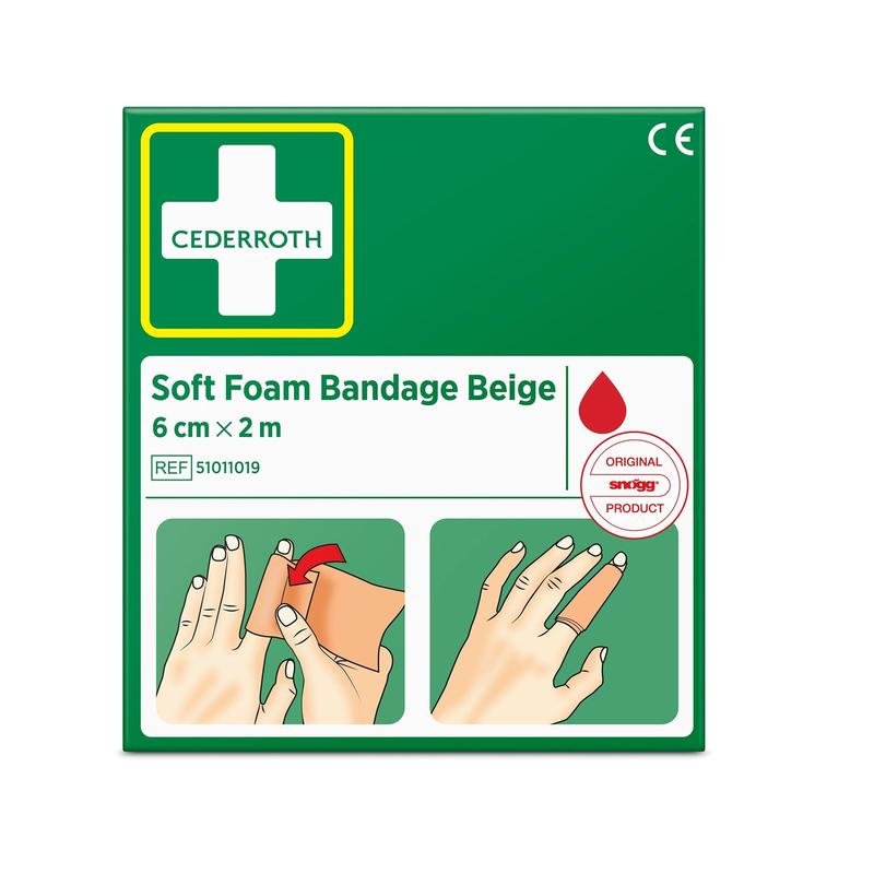 Uma caixa verde com a inscrição "Cederroth faixa de espuma macia bege 6 cm x 2m | Embalagem (1 peça)" de Orkla Wound Care AB tem um logotipo de cruz branca, a referência 51011019 e duas instruções ilustradas para aplicar a faixa bege numa mão.