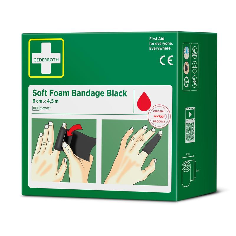 Caixa verde da Orkla Wound Care AB Cederroth ligadura de espuma macia preta 6 cm x 4,5m (1 peça). A frente mostra imagens de mãos enrolando uma ligadura preta nos dedos, com detalhes do produto em letras brancas e pretas.