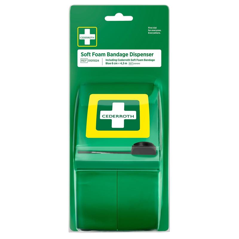 O dispensador de pensos Cederroth Soft Foam azul da Orkla Wound Care AB (1 unidade) vem na sua embalagem com uma cruz branca sobre uma inscrição verde clara e contém um rolo de pensos azuis autoadesivos para primeiros socorros em caso de ferimentos.
