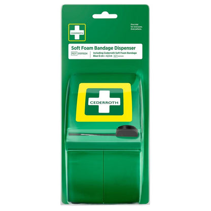 O dispensador de pensos Cederroth Soft Foam azul da Orkla Wound Care AB (1 unidade) vem na sua embalagem com uma cruz branca sobre uma inscrição verde clara e contém um rolo de pensos azuis autoadesivos para primeiros socorros em caso de ferimentos.